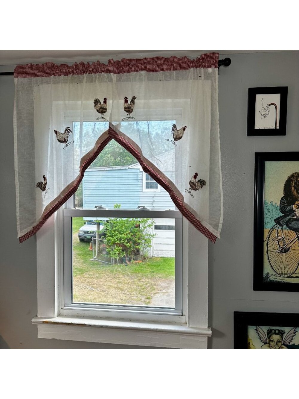 Rooster Cafe Curtain Set Farmhouse Kitchen Sheer Valance